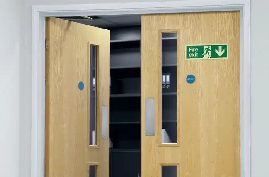 Fire doors with correct labels, glass and self closing mechanism