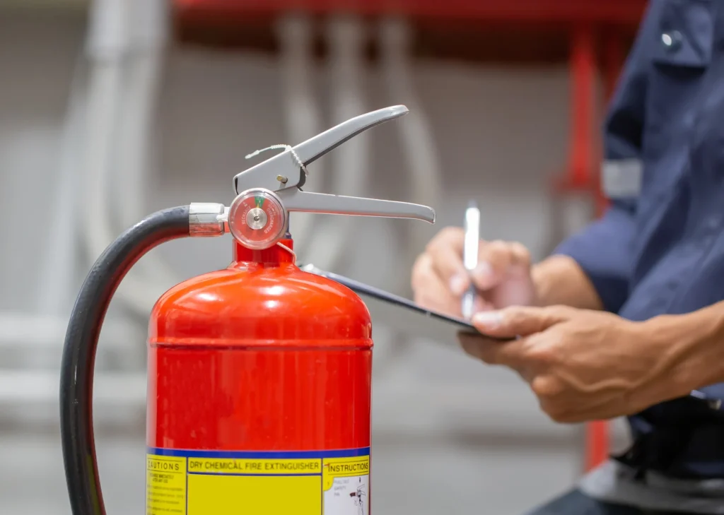 A worker inspecting a fire extinguisher