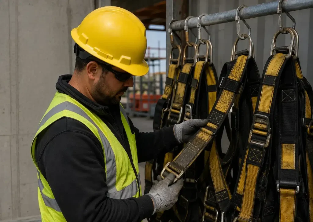 A worker wearing a harness & lanyard 